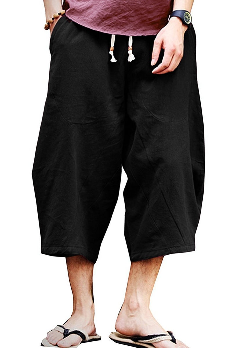KAMUON Mens Casual Baggy Cotton Linen Pocket Lounge Harem Pants Beach Long Shorts (US 2XL = Asian Tag 5XL : Waist 40"-42", Black) - Image 1